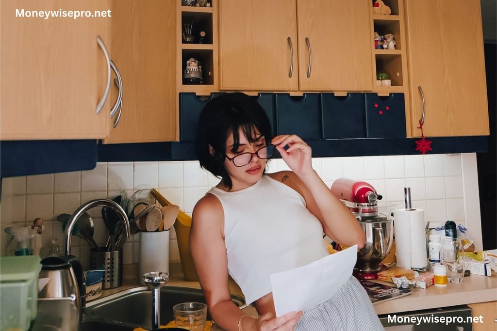 Woman checking a gym membership receipt while reviewing her monthly budget