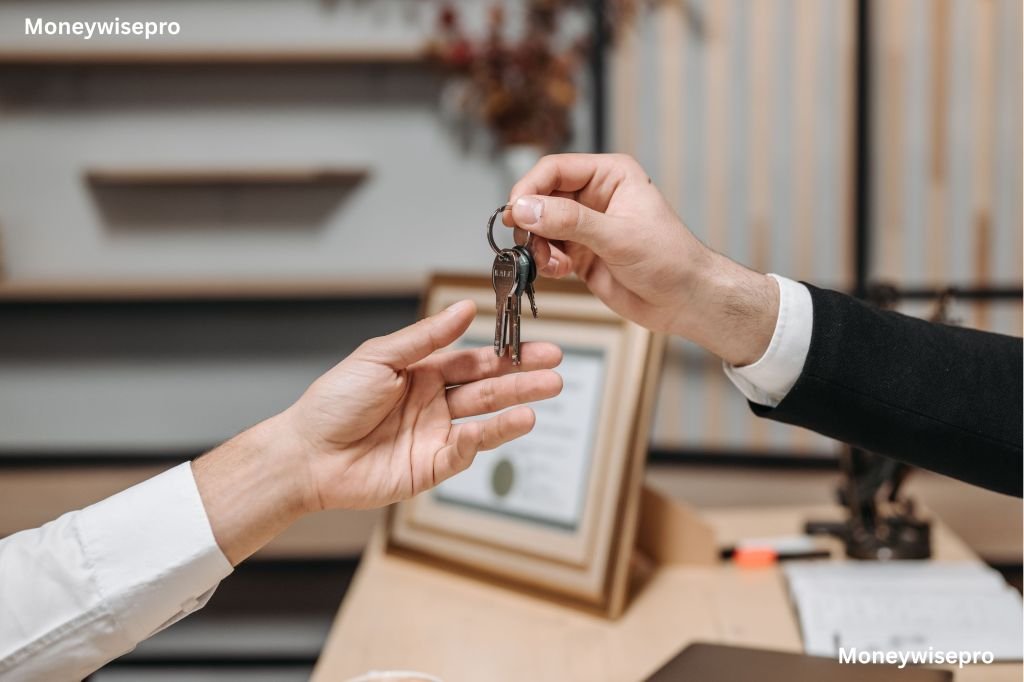  A close-up of a hand holding a silver car key fob resting on insurance paperwork on a wooden desk