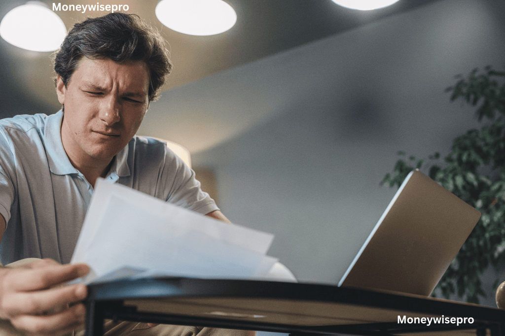Young adult looking worried while reviewing a medical bill at home
