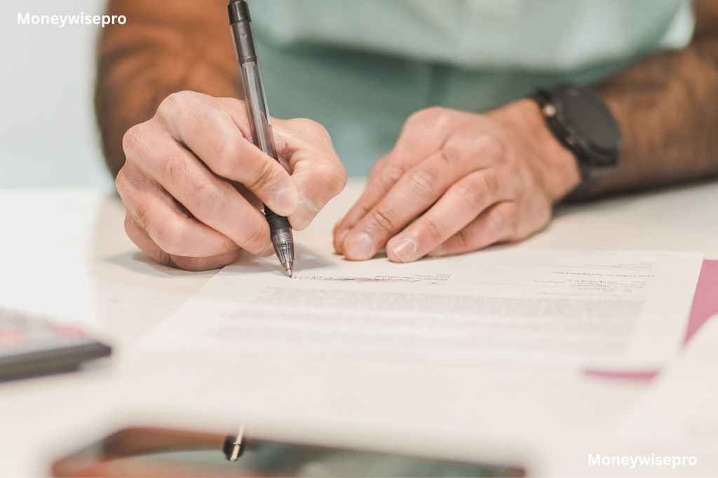 A close-up of a hand signing an auto loan contract next to a set of car keys on a dealership desk