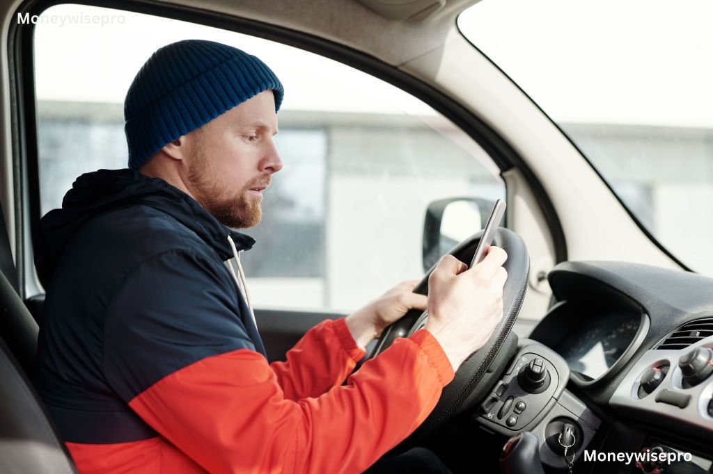  A man sitting in his car looking at a payment notification on his phone