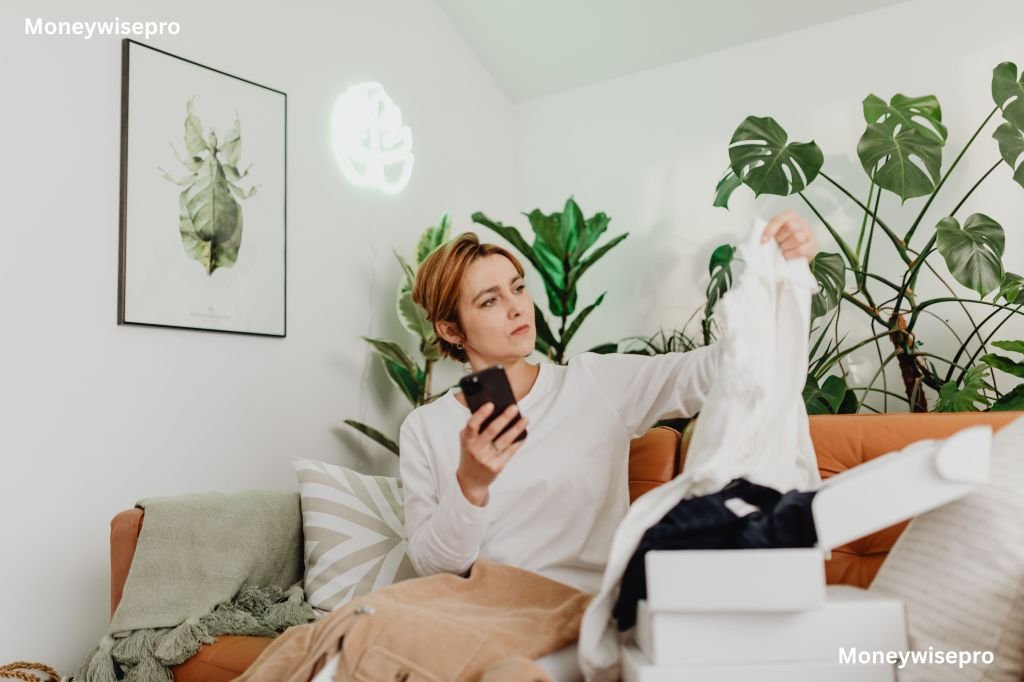 A woman holding a return shipping box while checking her phone