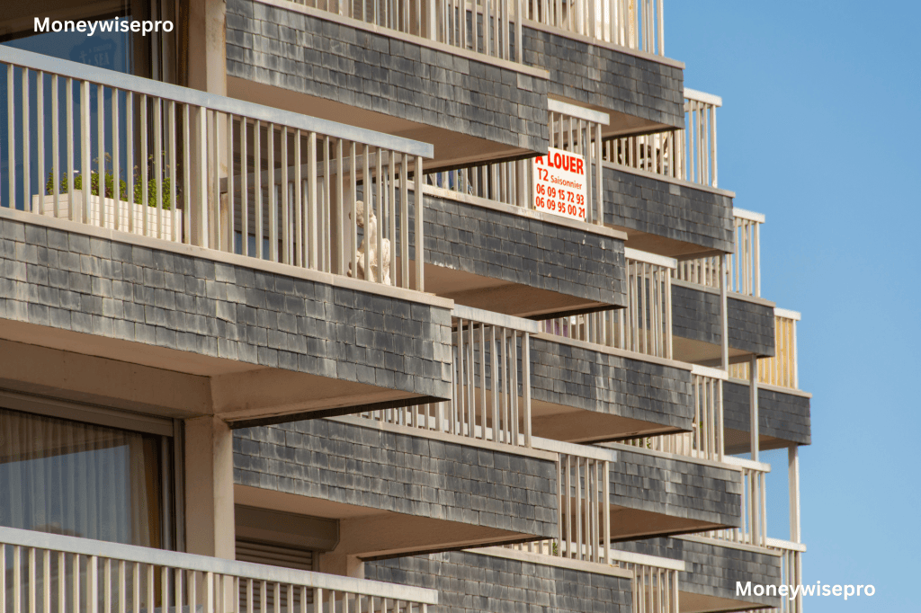 Apartment building with a for rent sign, showing an empty unit available