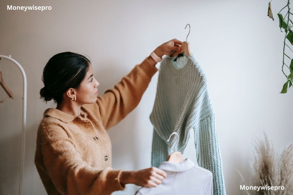 A young woman comparing two similar sweaters before choosing which to keep