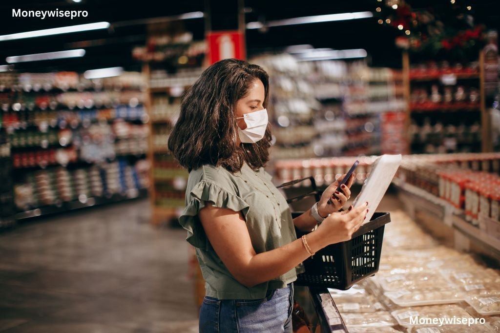 A woman scanning a grocery shelf price tag with her phone