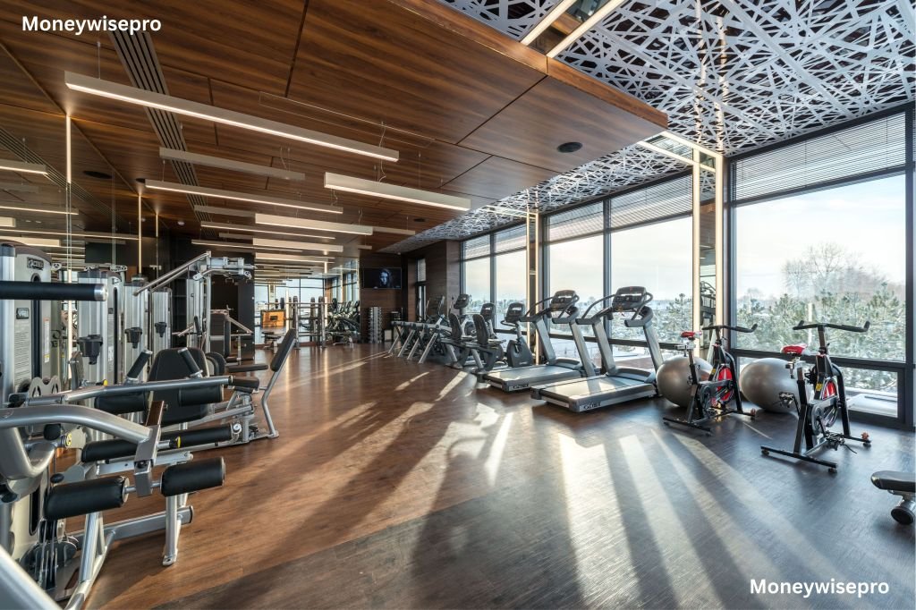 An empty gym equipment room with rows of unused treadmills and weight machines