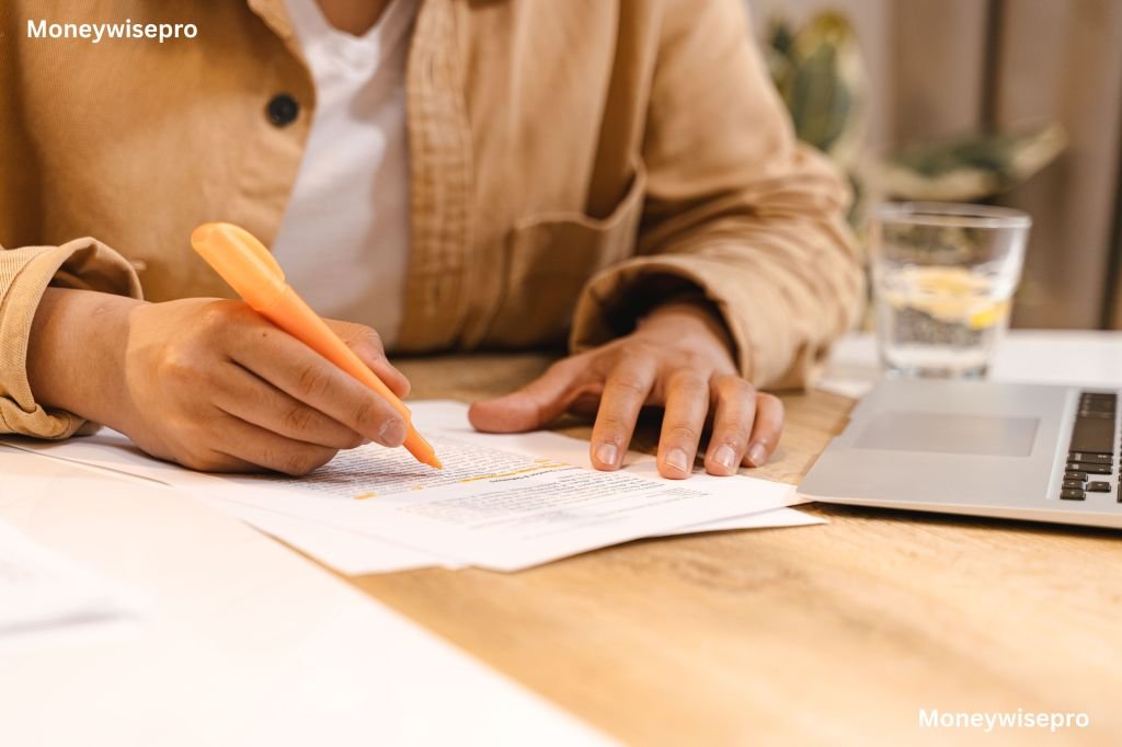 A person writes a formal request letter at a desk covered with paperwork and a laptop.