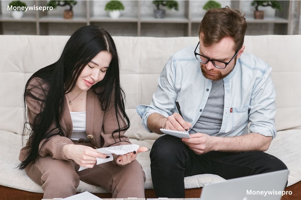 Couple sitting on a couch comparing a wall calendar against a stack of household bills together