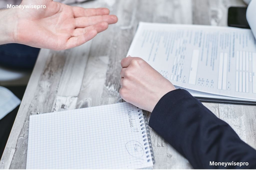 Borrower reviewing loan paperwork and payment records at a desk