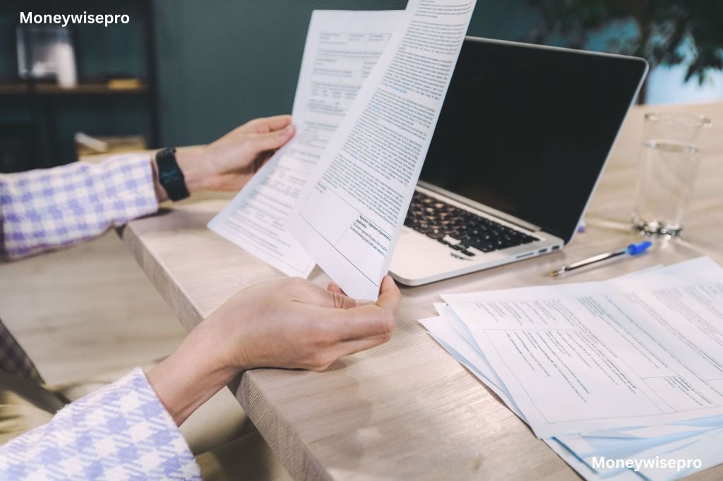 Close up of hands holding a printed credit report next to an open laptop computer.
