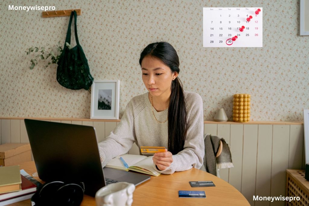 A wall calendar shows a payment due date circled in red beside a credit card.