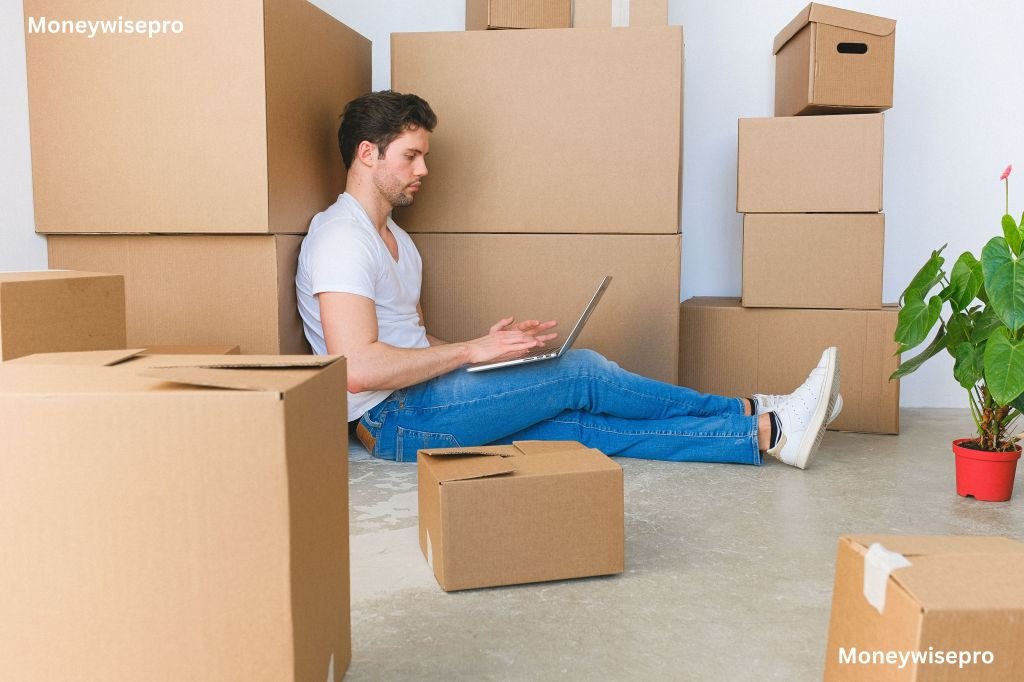 Man using a laptop calculator beside unopened moving boxes in an empty living room