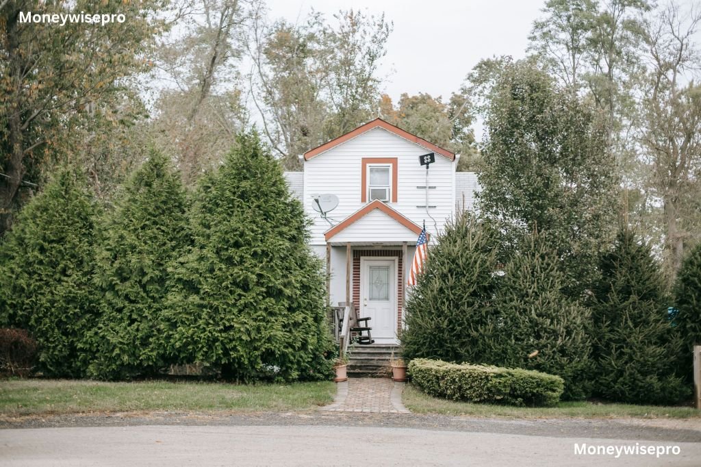 American house with flag on porch surrounded by tall trees in a quiet neighborhood