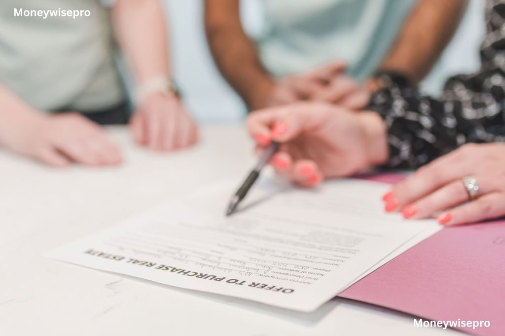 Close-up of a hand signing an offer to purchase real estate document with a black pen