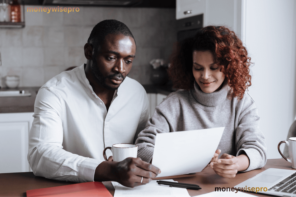 Couple reviewing household spending and paperwork together at the kitchen table