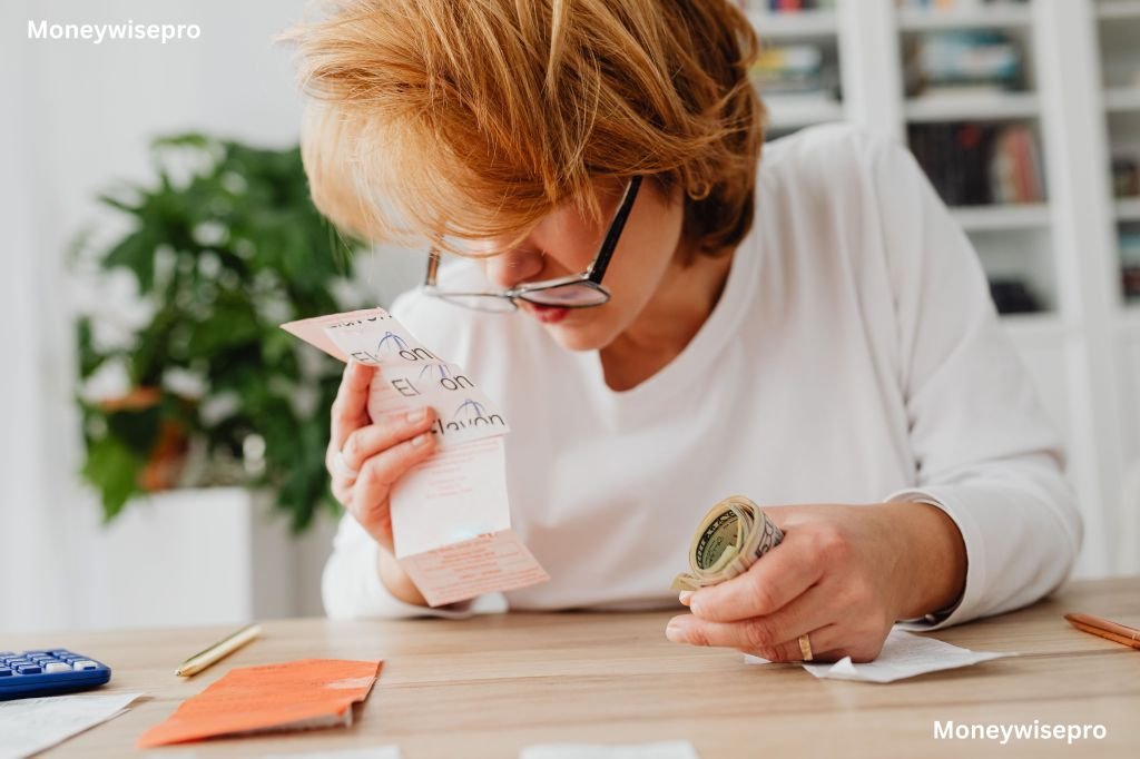A person reviewing bills and grocery receipts at a kitchen table looking concerned