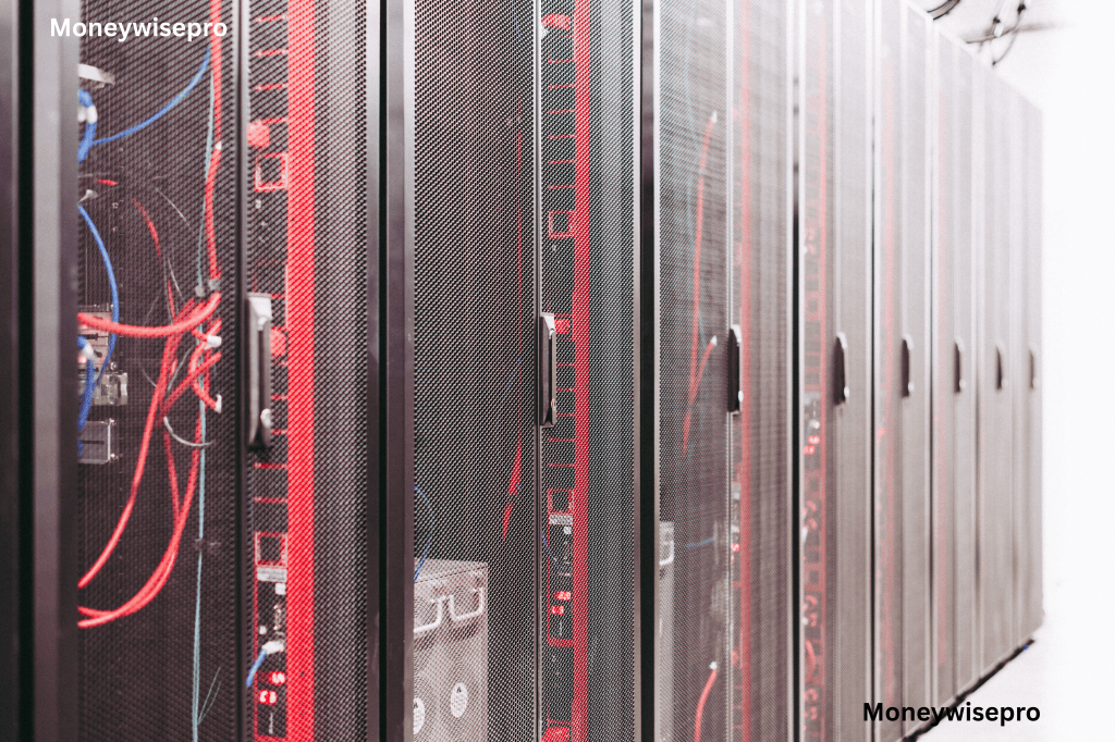 Rows of server towers inside a modern data center facility consuming large amounts of power