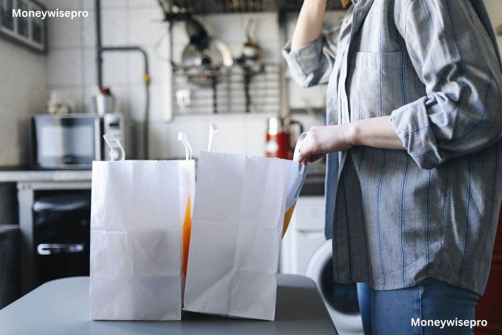 Grocery bags and food delivery packaging sitting on a kitchen counter after arrival