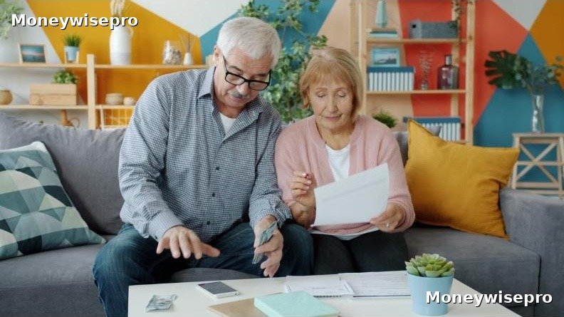 Senior couple reviewing retirement paperwork together on their living room couch