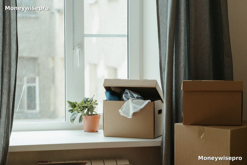 Cardboard moving boxes sit stacked in an empty sunlit apartment during a move out
