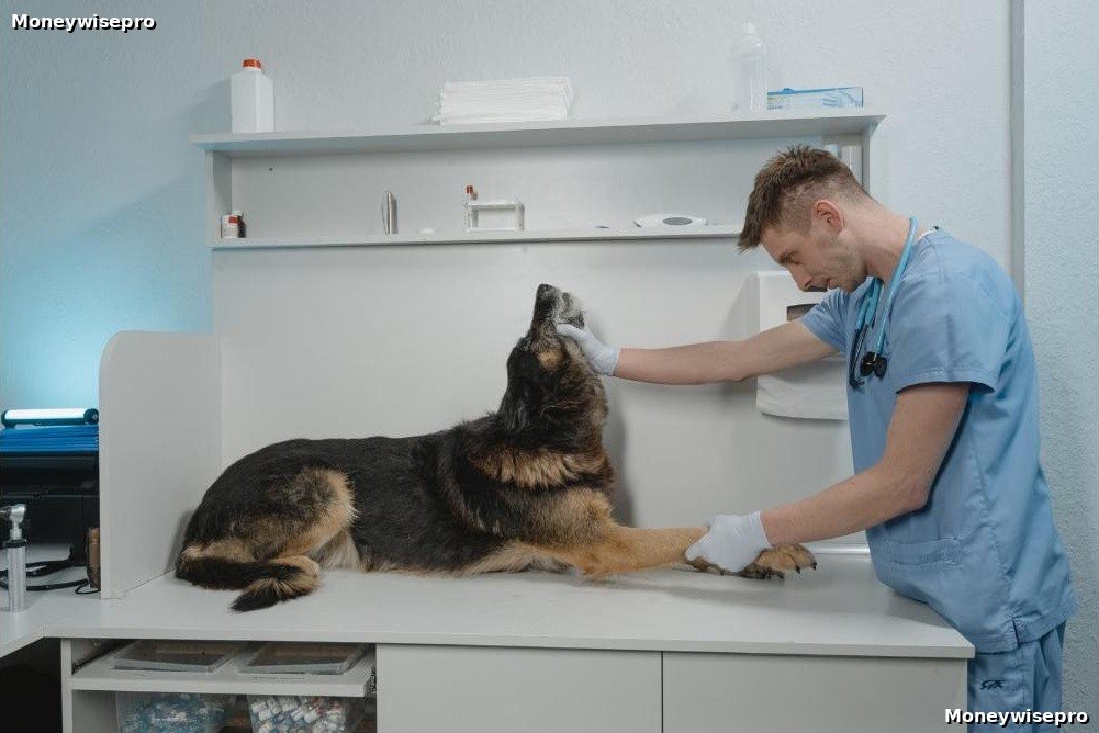A veterinarian examines a dog on an exam table during a routine wellness checkup visit