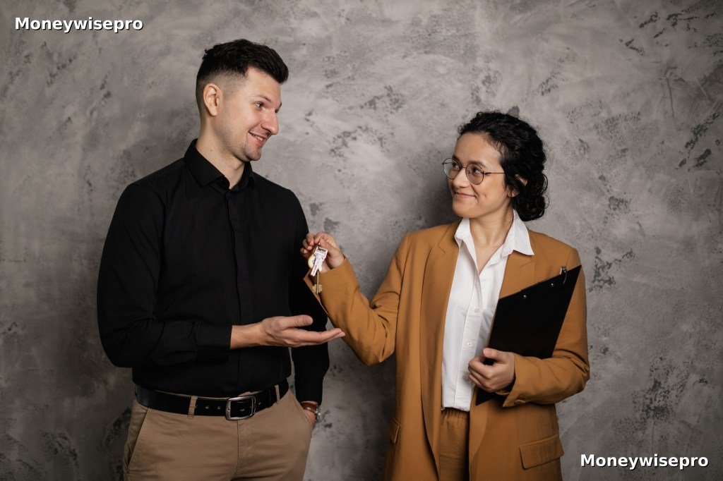 A leasing agent hands over a set of apartment keys to a smiling new tenant