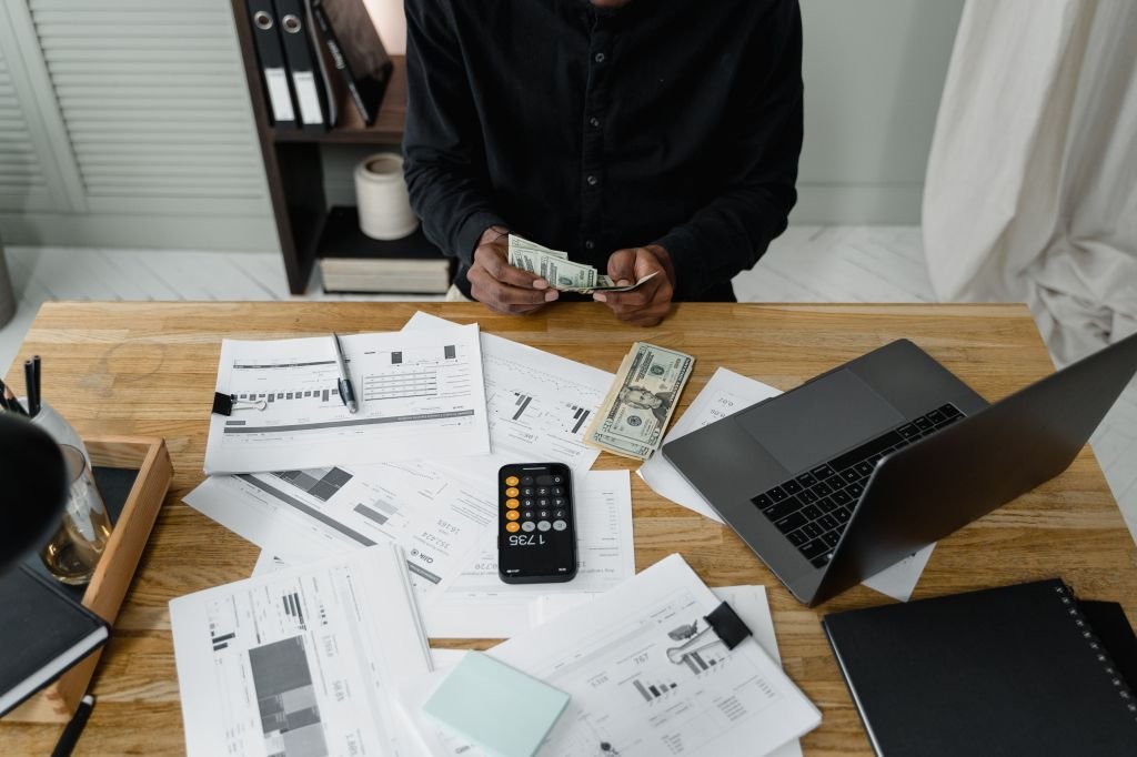 Person successfully tracking finances and budget on computer