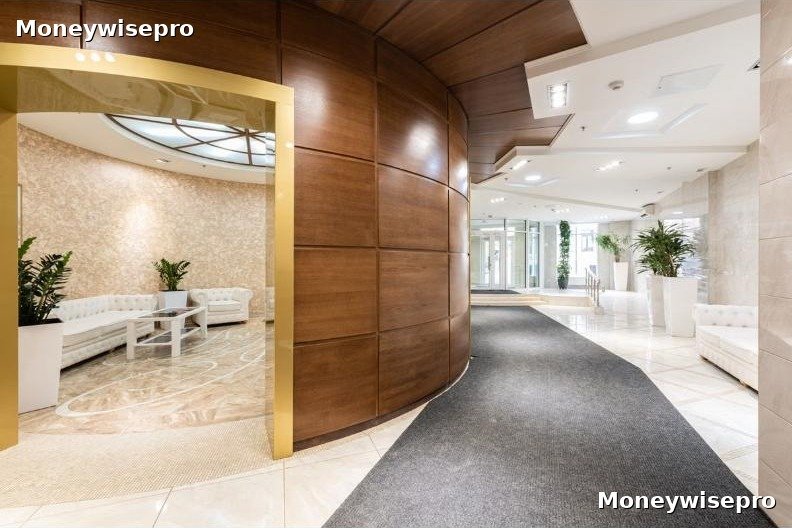Elegant hotel lobby with front desk where guests check in
