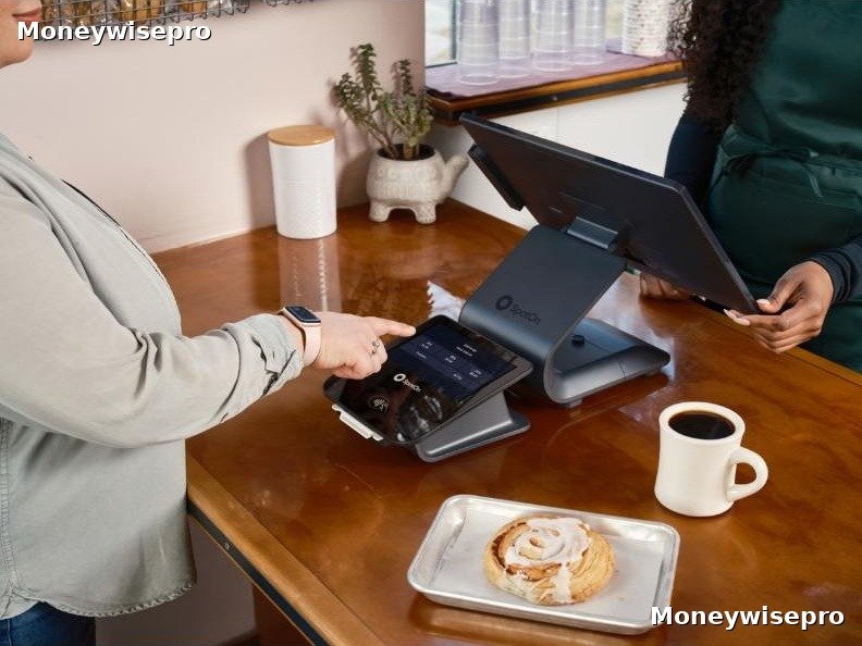 Customer tapping a tip percentage option on a coffee shop point of sale screen