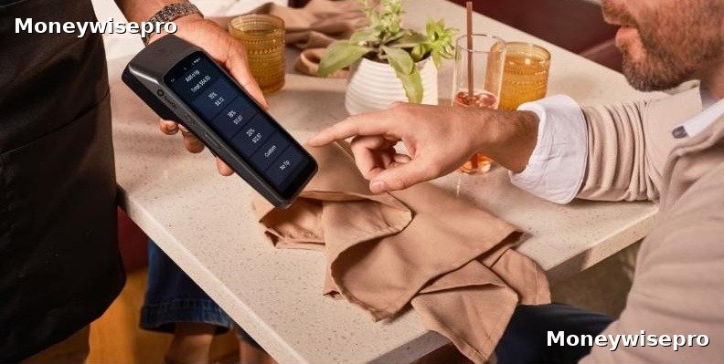 Handheld payment screen showing preset tip percentage buttons at a restaurant table