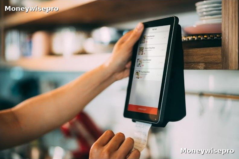 Customer using a self-checkout kiosk screen with a printed receipt